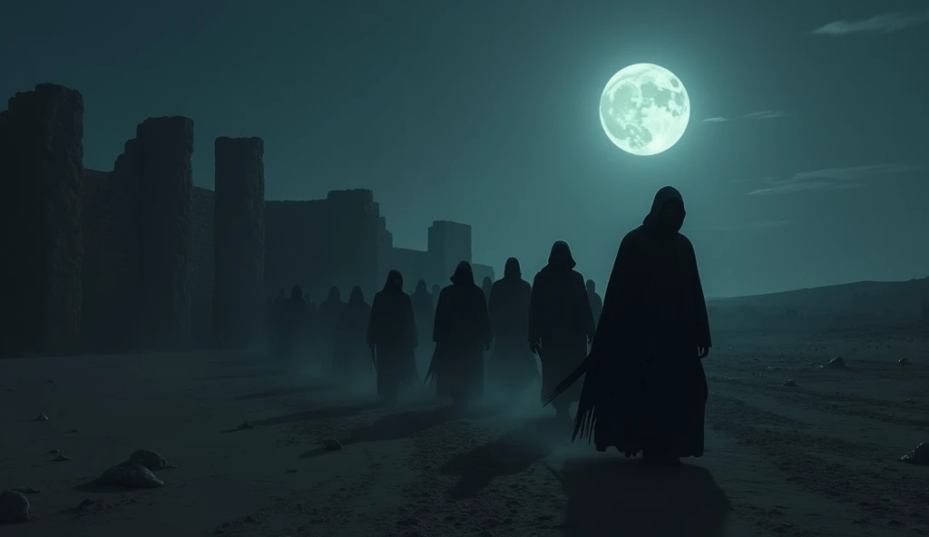 A shadowy image showing hooded figures walking in formation across a nighttime desert, suggesting a hidden conspiracy. In the background, a full moon dimly illuminates ancient ruins, setting an tone of mystery and impending danger.