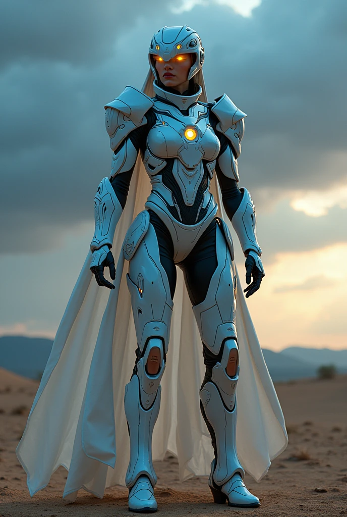 Female warrior,war frame,complex pattern,Heavy metals,energy line,anonymous,bright eyes,elegant,excruciating,white and blue uniform,,helmet ,Alone,modern,city,street,Dark Clouds,Thunder,heavy rain, ,Impressive lighting,,(Masterpiece:1.2), Highest quality, High resolution, Beautiful detail, high detail, perfect light, helmet, Dark Clouds, desert