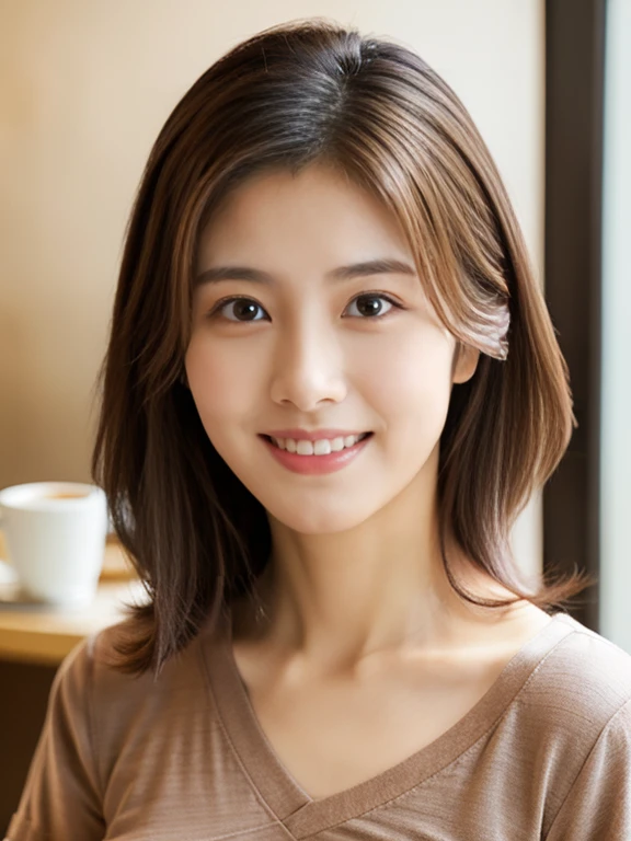 RAW photos), (realistic), (masterpiece), (best quality), high resolution, 8k, (intricate details), (Voluminous light), portrait, female, 3, medium hair, straight hair, Center chest gap, layered hair, brown hair, very nice eyes, source order, very nice eyes썹, very good skin, Very good mouth, Very good nose, Cute like an idol, smiling face, (thick lips), (looking at viewer), (coffee shop), slim body, Voluminous breasts, ((cafe)), ((V-neck T-shirt)), Takeout coffee cup