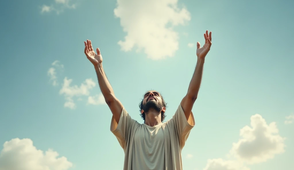 A realistic person raising hands to the sky.