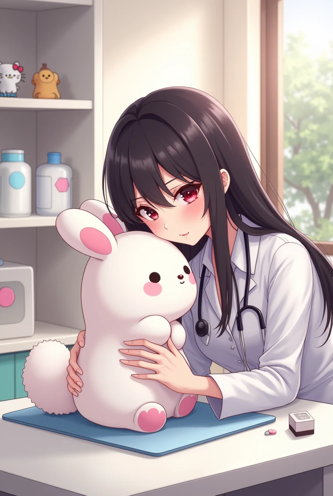 Shinobu taking care of Cinnamoroll at her veterinary office