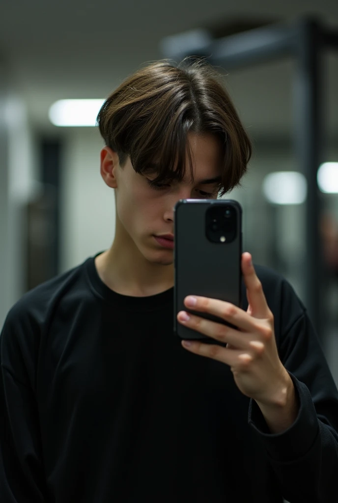 I am a man , 16 year old and 5'8 , light brown skin colour ,straight hair going down my forehead, make the image of me taking a picture of me with a Iphone Xr covering my face in a gym miror . I am also sitting down far ahead so no one can see me properly just my face not my body and if you include my body make it a black full sleeve . AND IM LOOKING DOWN SO MY HAIR IS COVERING MY FACE AND MAKE A AESTHETHIC PFP FOR MY INSTAGRAM. I AM NOT WHITE MAKE MY BROWN I AM LOOKING STRAIGHT DOWN AND I AM REALLY FAR AWAY FROM THE MIRROR AND MY HAIR IS LIKE STRAIGHT DOWNWARDS NO GAP IN THE MIDDLW