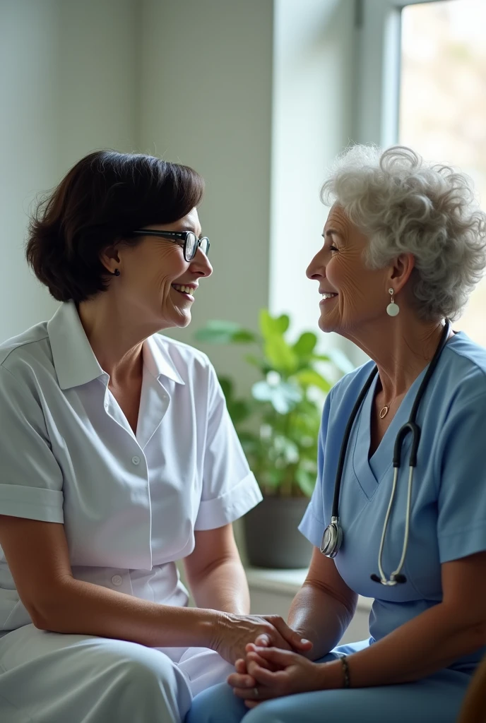 Two 60-year-old nurses, Women, one is wearing glasses and has short dark hair wearing old nursing clothes, the other with short curly light hair wearing nursing clothes, interviewing each other and looking happily at each other