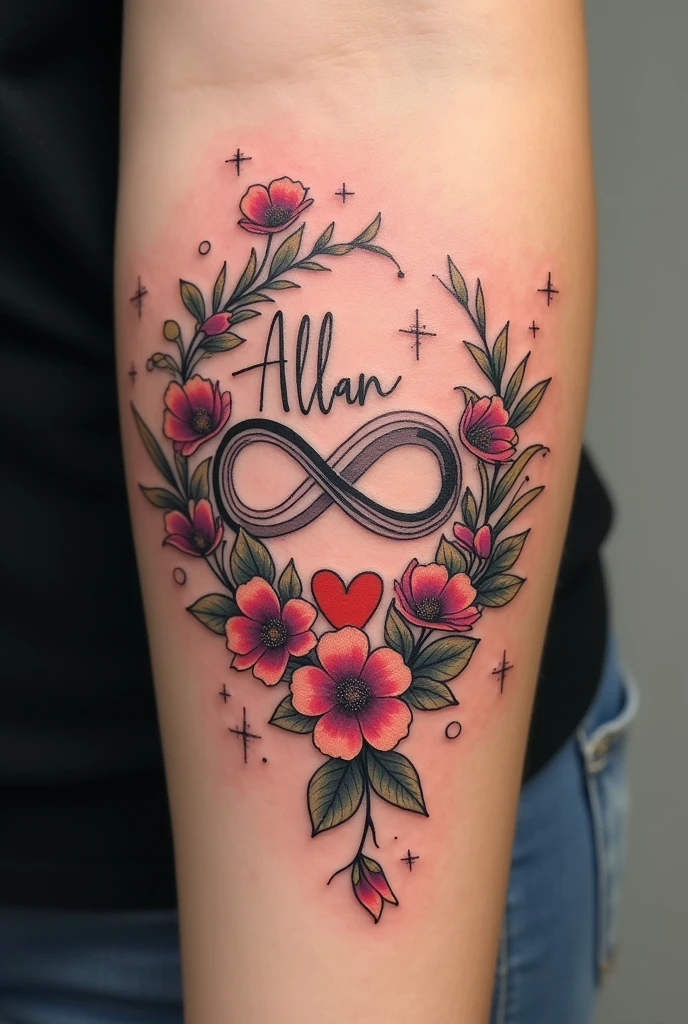 Tattoo with name Allan, infinity symbol with intertwined flowers , heart and stars