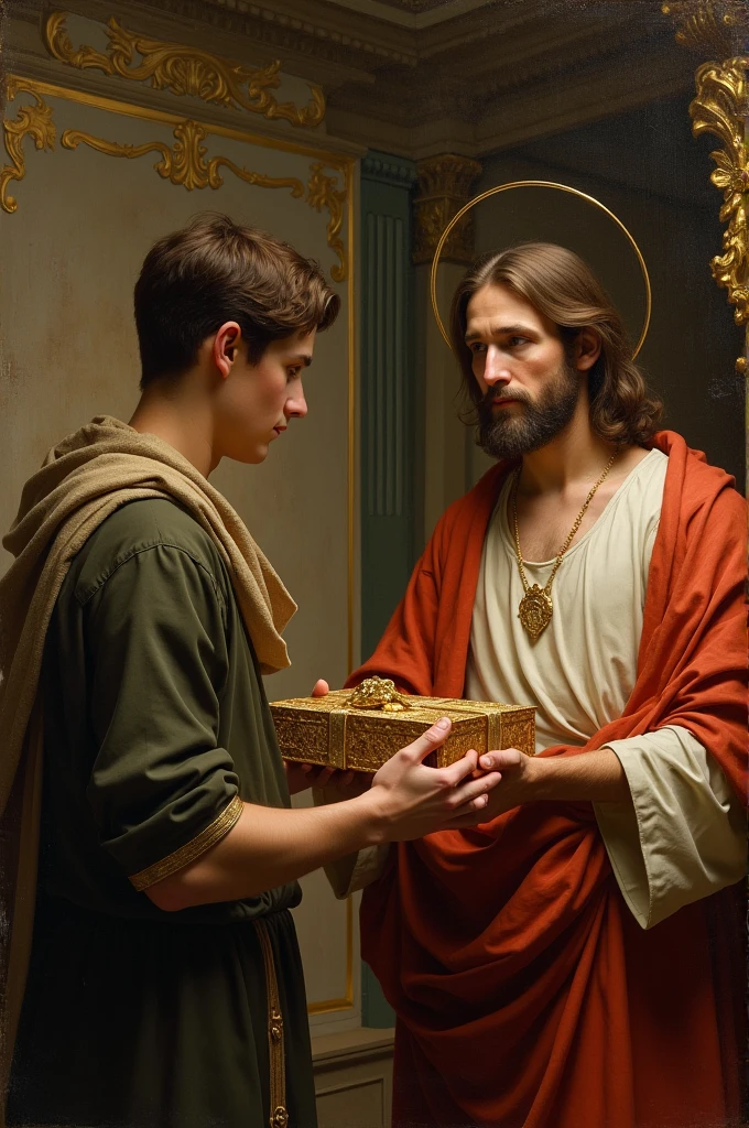 Create a painting of a modern young man, giving a gift to Jesus in the Renaissance style. Use techniques like chiaroscuro and a warm color palette