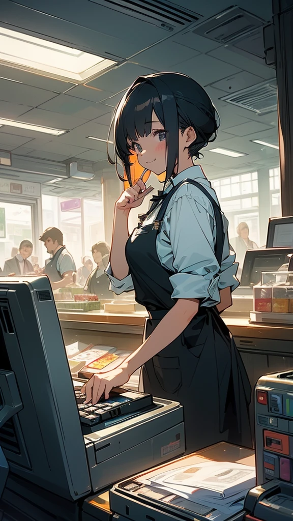 young woman,Back to the wall,smile,((Standing inside the cash register)),Touching the cash register machine,Customer Service,((There is a cash register on the table)),(Scanning product barcodes at the cash register)),Each person has one register,Supermarket clerk,Wearing an apron,uniform,((Working as a cashier)),((There are multiple cashiers.)),((cashier,register,)),((Receive money from customers)),There are products on the shelves,In the supermarket,Bright interior,grocery store,There are customers.,Waiting in line outside the register