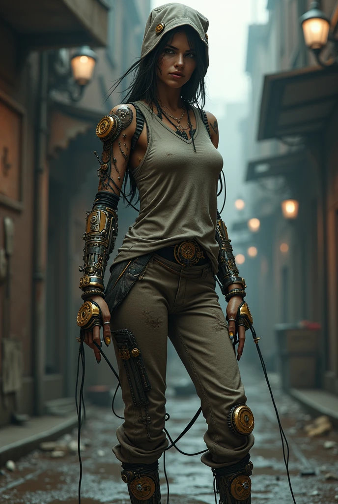  fullbody steampunk gritty edgy bleak scene of  swagger female rapper  clockwork amputee ligament arms  in baggy loose long sagging damaged short circuits clockwork body and tracksuit in dimly lit street