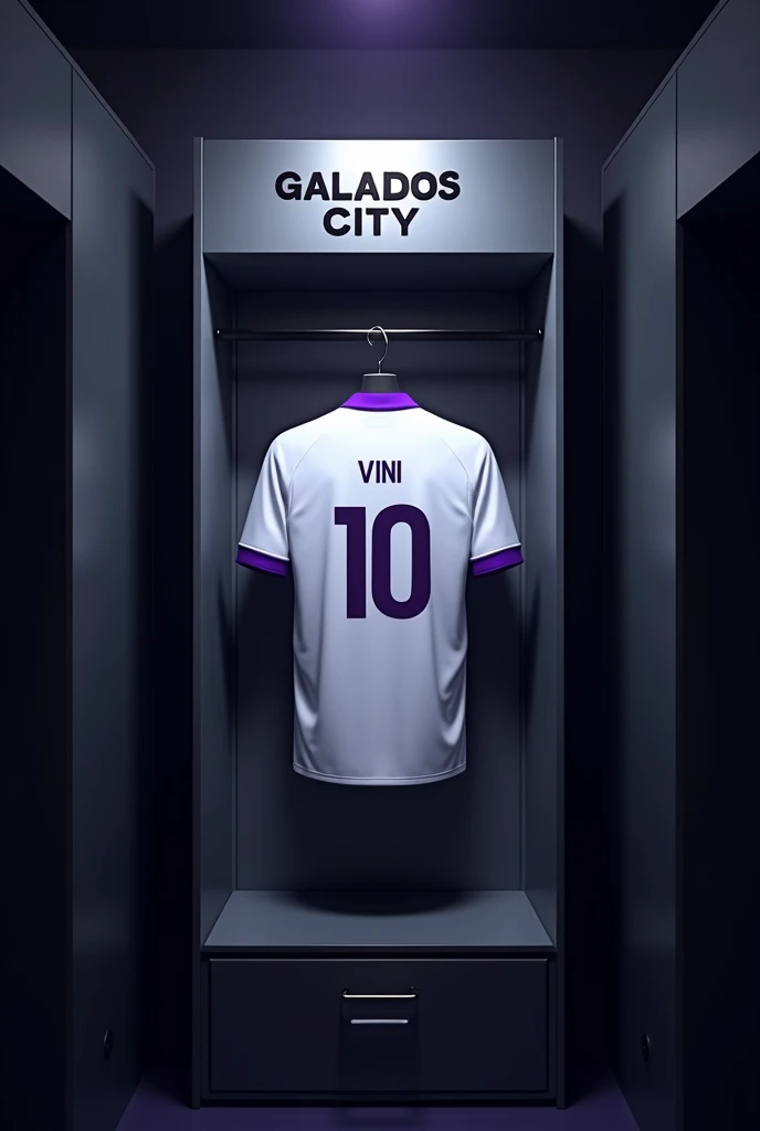 football locker room with a football player's cabin ( There should be no person in the image) In this cabin there will be a white shirt with purple details (minimalists) on the collar and at the tip of the sleeve the shirt must be showing the back with the name VINI highlighted and the shirt number must be number 10, the cabin at the top must contain the name of the club which is GALADOS CITY, all ambient light must be off, only the light of the sign with the name GALADOS CITY and a low light above the shirt indicating prominence must be on. (The image should be centered and not too far away)