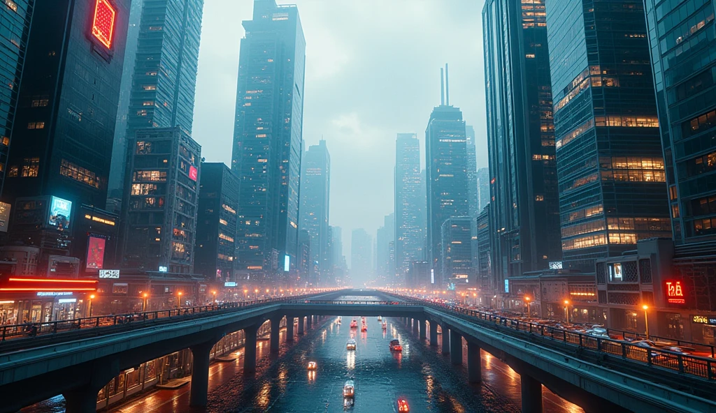 A modern metropolis, towering skyscrapers, cutting-edge cityscape, detailed architecture, futuristic city, glass and steel buildings, dynamic urban environment, intricate city details, advanced technology, bustling metropolis, dramatic lighting, cinematic atmosphere, vibrant colors, moody shadows, dramatic perspective, seamless integration, hyperrealistic rendering, 8k, photorealistic, masterpiece