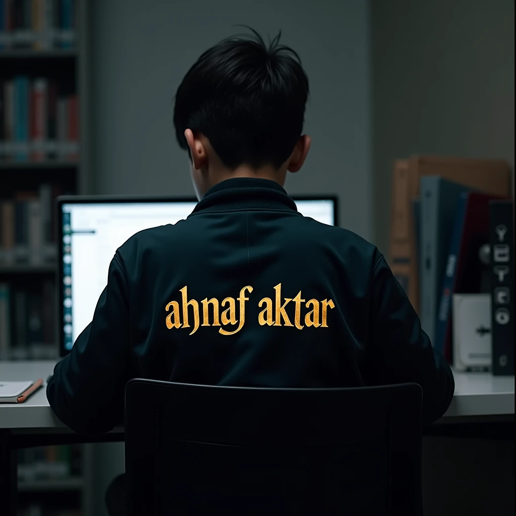 Create imagine of a boy working on a laptop, viewed from behind, wearing a jacket with the text "Ahnaf Aktar" written in a style inspired by the Harry Potter font. The environment is dark, with a clean room and books on a shelf.the picture should be from the back the text should be from back.the photo will be shtaright from back.text should be right in golden