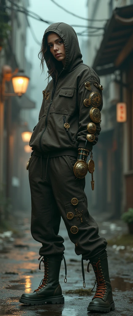 fullbody steampunk gritty edgy bleak scene of swagger female rapper clockwork amputee ligament arms in baggy loose long sagging damaged short circuits clockwork body and tracksuit in dimly lit street