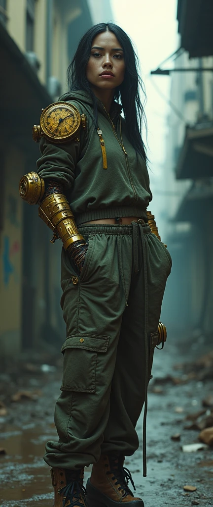 fullbody steampunk gritty edgy bleak scene of swagger female rapper clockwork amputee ligament arms in baggy loose long sagging damaged short circuits clockwork body and tracksuit in dimly lit street