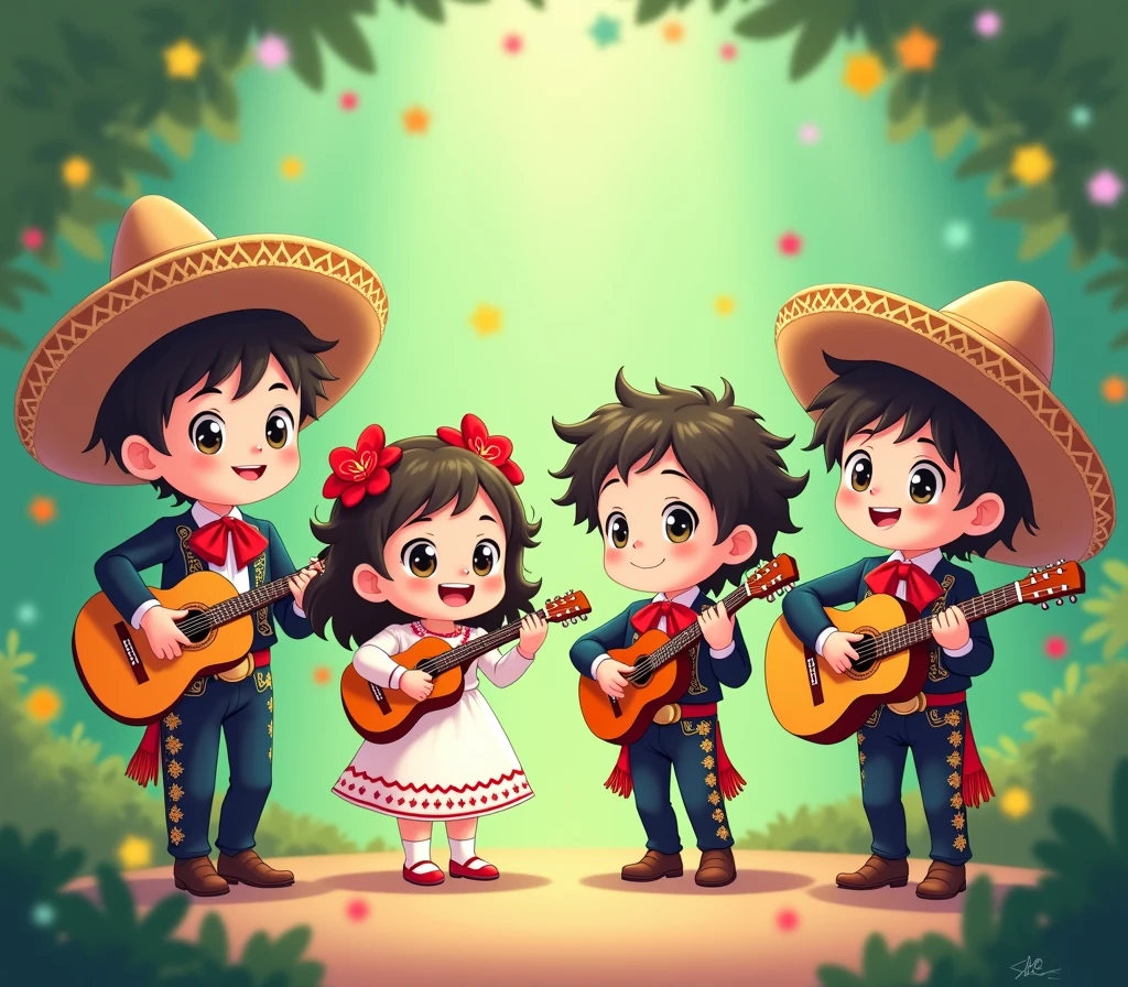 4 cute anime style little facing front wearing traditional Mexican independence clothing playing instruments playing guitars, violin and trumpet, Two boys dressed as charros and two girls dressed as adelitas with flowers, celebrating on green gradient background, confetti, a mexican party
