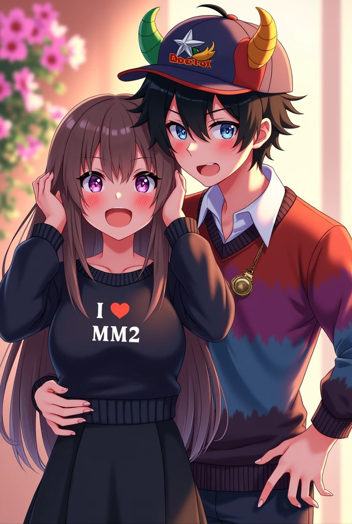Anime style girl with brown hair with a black sweater that says i love mm2 with bare shoulders, long hair, black skirt, light pink cheeks, anime style, who has her hands on her head back and smiles and who has big breasts, long hair and where her breasts are noticeable and they look giant, accompanied by a boy with black hair with colored streaks of green, yellow, pink, blue, orange who has a sweater with a black tie, cheeks, who has light pink cheeks, anime style, smiling with a Roblox cap and gold and white horns and poses with her hands on her head back and a silver spicy chili necklace and a bag for her hips and he hugs the girl by the hip and her head on his shoulder