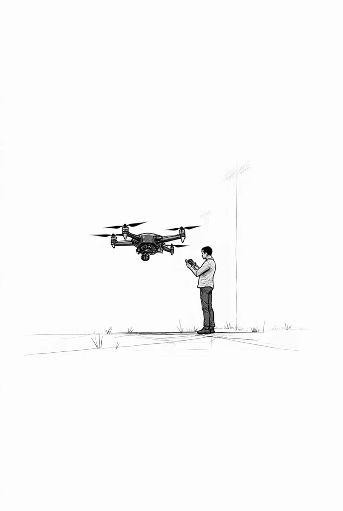 A man operating a drone ,sketch image ,white background, slide format