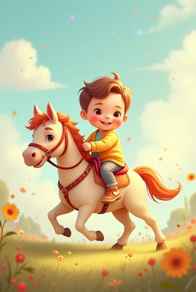 Create an illustration of a cute baby boy riding a gentle horse, with the name "Vivinsudhan" elegantly placed above them. The scene should be bright and whimsical, with soft, cheerful colors and a touch of magical charm.
