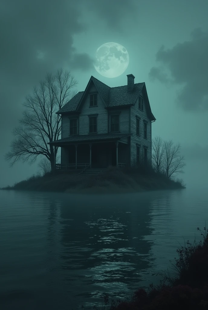 A horror story book cover written "NO ROOMS FOR HUMAN" with haunted house in middle of water source