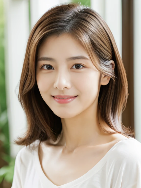 RAW photos), (realistic), (masterpiece), (best quality), high resolution, 8k, (intricate details), (Voluminous light), portrait, female, 3, medium hair, straight hair, Center chest gap, layered hair, brown hair, very nice eyes, source order, very nice eyes썹, very good skin, Very good mouth, Very good nose, Cute like an idol, smiling face, (thick lips), (looking at viewer), (coffee shop), slim body, Voluminous breasts, ((cafe)), ((White V-neck T-shirt)), Takeout coffee cup