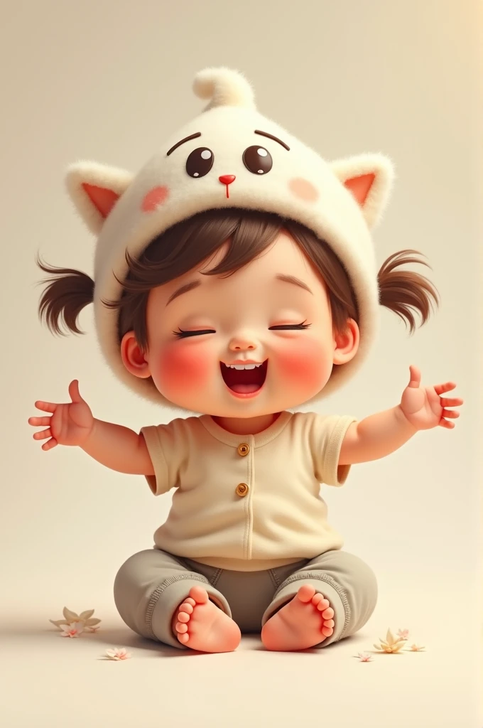 Creating a sitting with pigtails, wearing a hat with eyes on top, blouse and pants, bare feet, arms forward, smiling and eyes closed
