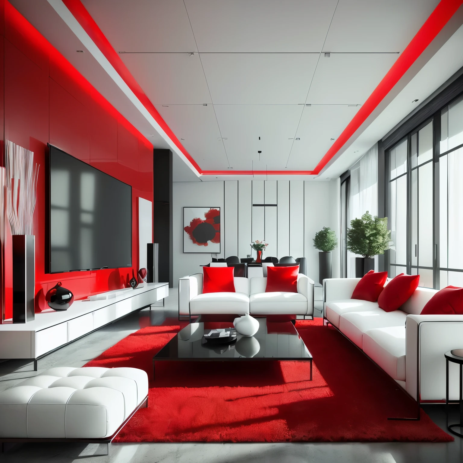 arafed living room with red accents and white furniture, red white and black color scheme, red interior, red and cinematic lighting, white and red color scheme, red and white color scheme, red and black colour scheme, red realistic 3 d render, volumetric lighting. red, black and white and red colors, red and white color theme, black and red color schemeCreate a realistic render of a modern living room with a bold red and white color scheme. The space features sleek white sofas with red accent pillows, positioned around a glossy black coffee table. The walls are a striking combination of bright white and vibrant red, with large, shiny red panels that add depth and contrast to the room. A flat-screen TV is mounted on the white wall, flanked by modern black speakers. The room is well-lit with recessed ceiling lights that highlight the clean lines and modern design, while a black area rug grounds the space. A small, white vase with minimalist red and white floral arrangements sits on the coffee table, adding a touch of elegance. Large windows with horizontal blinds allow natural light to filter in, enhancing the bright and airy feel of the room.
