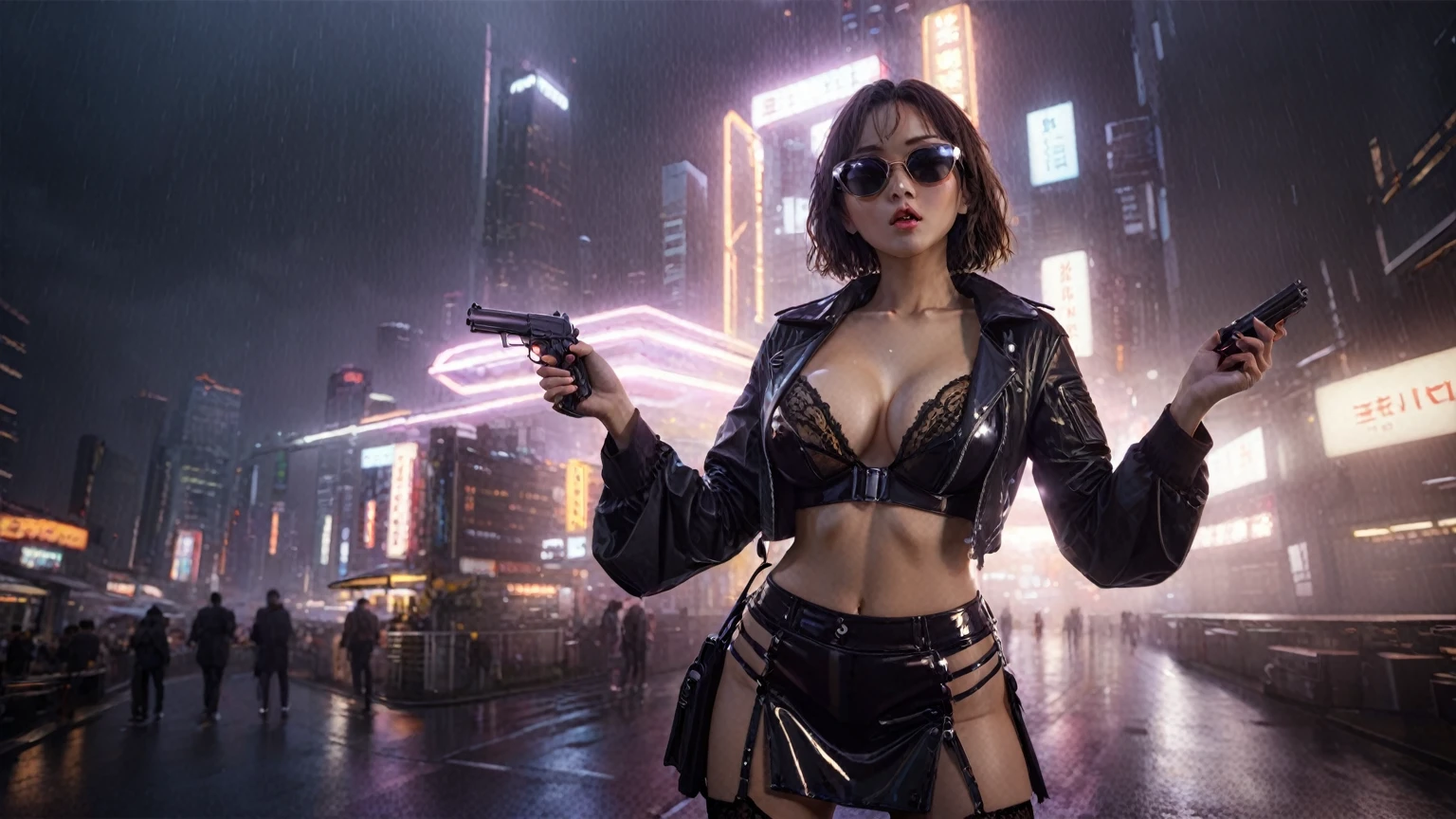 Blade Runner style futuristic Tokyo city, flying cars, neon lights, rainy night. (1girl, solo, alone), large-breast:1.2 slim:0.9 body, oval:0.8 face, cleavage:1.1, sexy laced lingerie, low angle view of miniskirt, jacket, (black micro sunglasses), (holding a short gun), half-body thigh level medium shot, cinematic lighting, ray tracing.