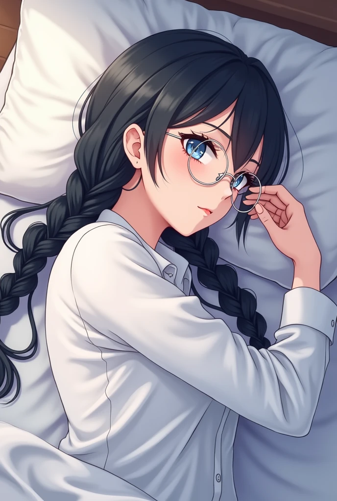 1girl,2,adult,black hair,long hair,braid hair,blue eye,business shirt,his shirt,simple shirt,white shirt,lie in bed,sleep in bed,lie down,upper body,silver-framed glasses,kawaii,master piece,flat_color,anime style,depth of fieldView from the side,View from the side