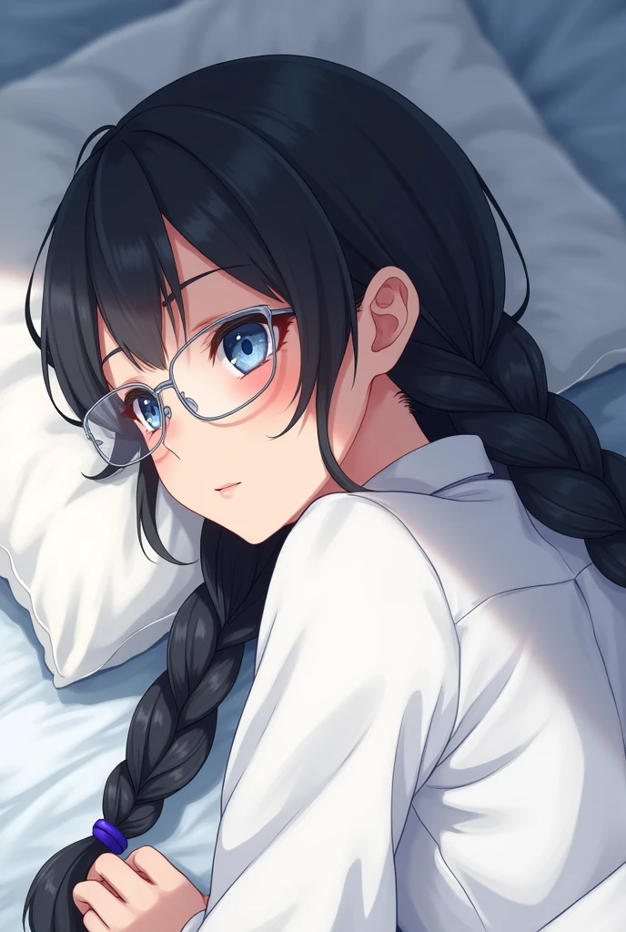 1girl,2,adult,black hair,long hair,braid hair,blue eye,business shirt,his shirt,simple shirt,white shirt,lie in bed,sleep in bed,lie down,upper body,silver-framed glasses,kawaii,master piece,flat_color,anime style,depth of fieldView from the side,View from the side