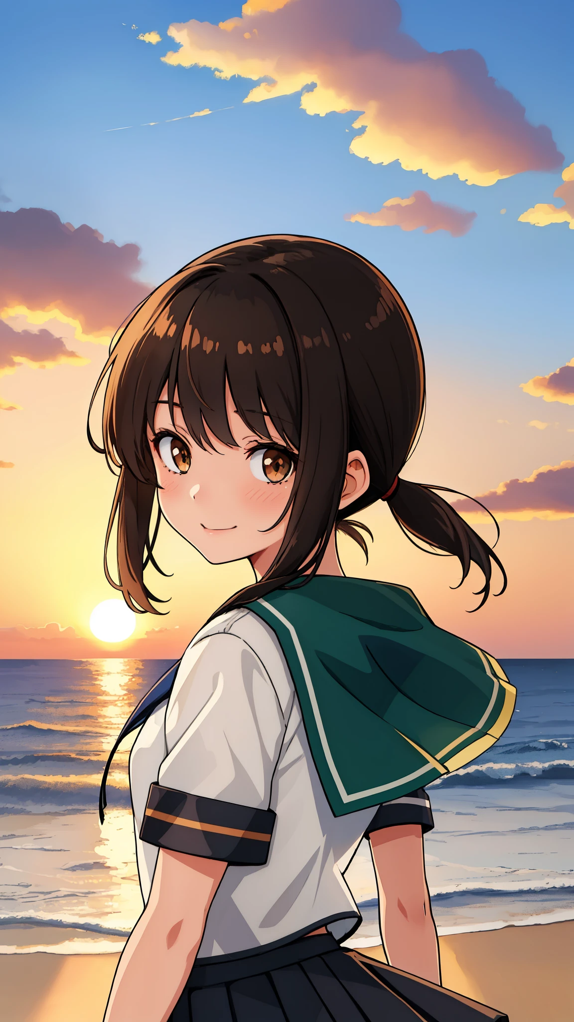 (masterpiece, best quality:1.2),illustration,8k,HD,Seaside,Sunset sky,1girl,solo,brown eye,upper body,(portrait:1.2),black_hair,short_ponytail,white seraph,sidelocks,low_ponytail,green_eyes,smile,black_eyes,school_uniform,pleated_skirt,skirt,