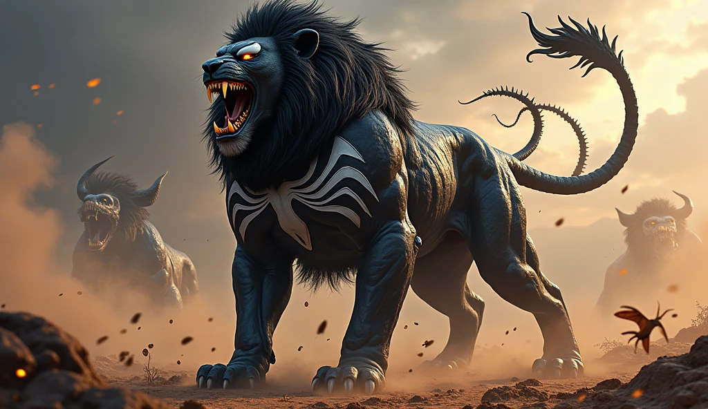 Create an epic, high-detail illustration of a Lion transformed into Marvel’s Venom, standing proudly in an African savanna. The Lion should be covered in the dark, oily black symbiote, with sharp white patches forming the iconic Venom symbol on its chest. The Lion's fur should appear slick and muscular, with tendrils of the symbiote writhing around it. The Lion's eyes should glow with a menacing, predatory intensity, embodying Venom's hunger and brutal power. The scene should be dynamic with dramatic lighting, set in a fantastical, action-packed environment of the African landscape. The Lion should exude an aura of primal fury and chaotic strength, capturing the essence of Venom's character in a fantasy art style. No human-like figure, just the Transformed Lion.