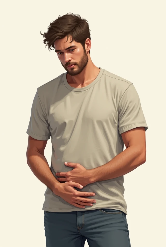 Generates a drawing of a man with regular figures holding his stomach 
