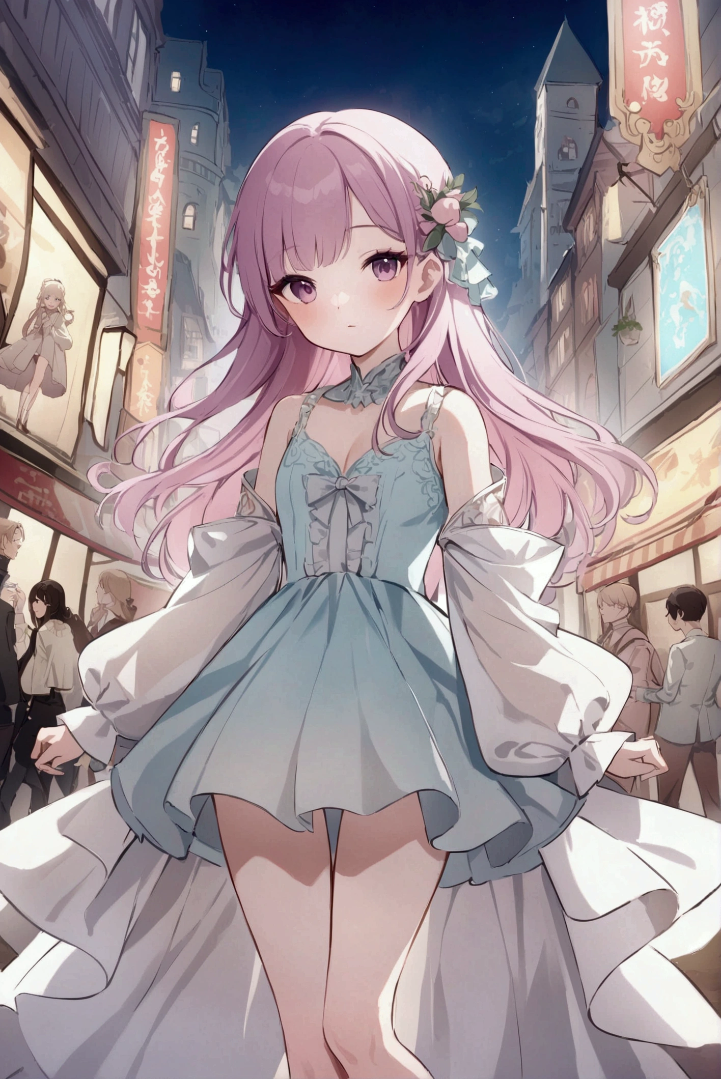A smiling girl with long light pink hair and blue eyes, wearing a luxurious white dress and sandals, standing in the middle of a city. Focus on the girl (close up:1), highlighting her joyful expression, the elegant details of her white dress, and the bustling urban environment around her. best quality,masterpiece,natural lighting,super fine illustration,high resolution,(flat chest:1),amazing,kawaii,cute,cutegirl,detailed face,detailed eyes,8k,utra detailed,detailed,