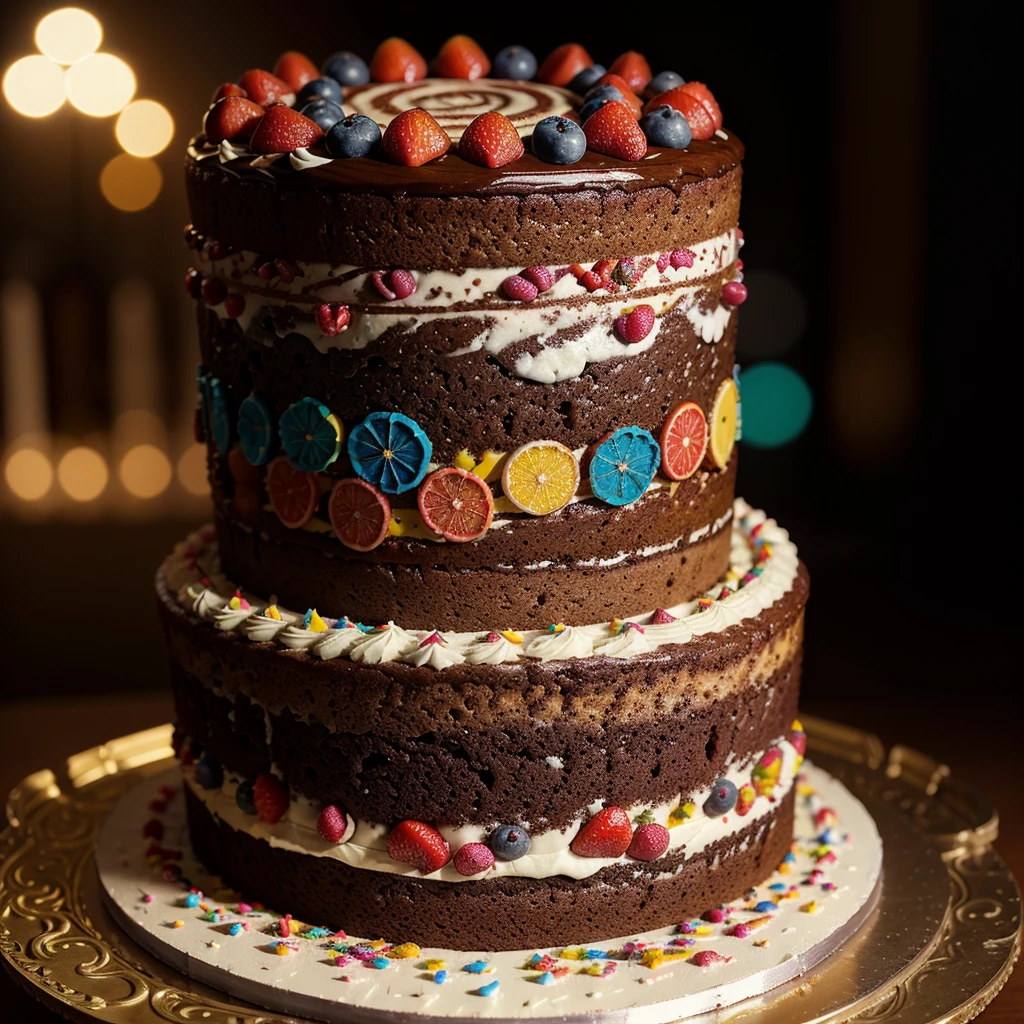 a beautiful large cake with colorful detailed design, hyper realistic, 8k, extremely detailed, photorealistic, studio lighting, cinematic composition, vibrant colors, glossy textures, intricate patterns, mouth-watering, professional food photography