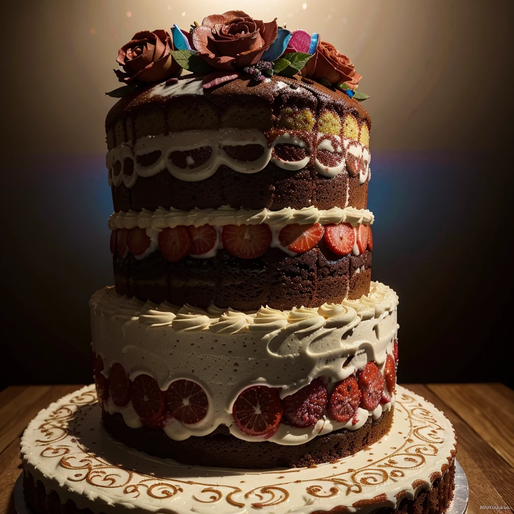 a beautiful large cake with colorful detailed design, hyper realistic, 8k, extremely detailed, photorealistic, studio lighting, cinematic composition, vibrant colors, glossy textures, intricate patterns, mouth-watering, professional food photography