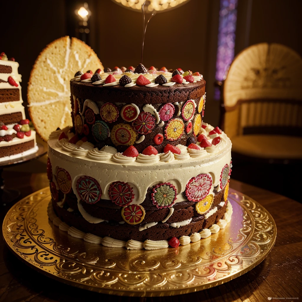 a beautiful large cake with colorful detailed design, hyper realistic, 8k, extremely detailed, photorealistic, studio lighting, cinematic composition, vibrant colors, glossy textures, intricate patterns, mouth-watering, professional food photography