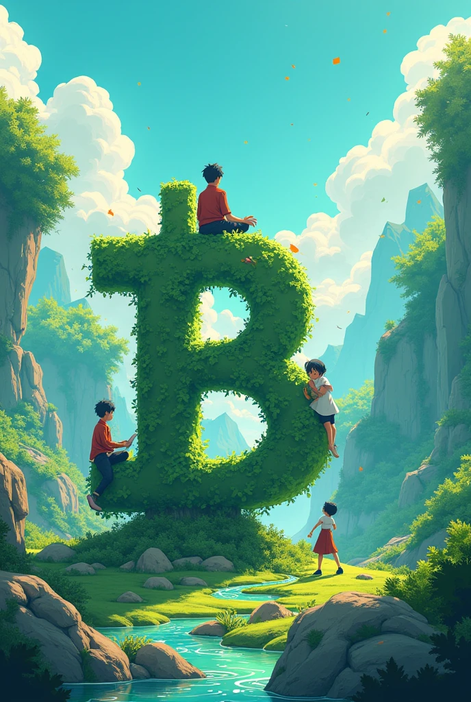 design the word ABSTRACT blockchain green  with a chain in anime world with anime people sitting on the ABSTRACT logo