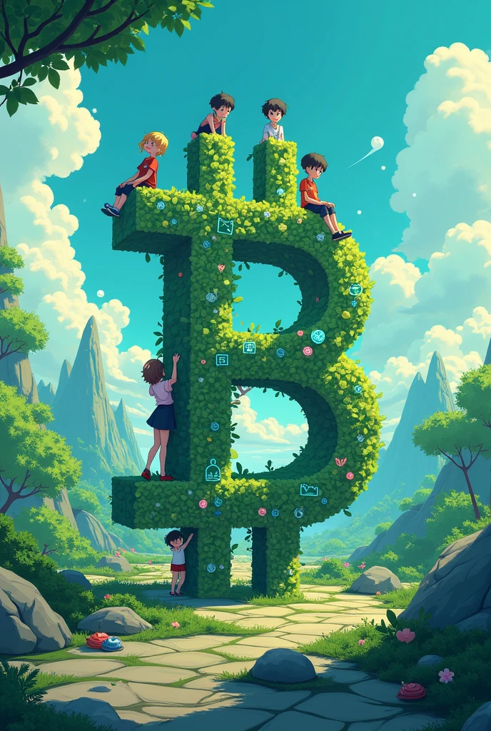 design the word ABSTRACT blockchain green  with a chain in anime world with anime people sitting on the ABSTRACT logo
