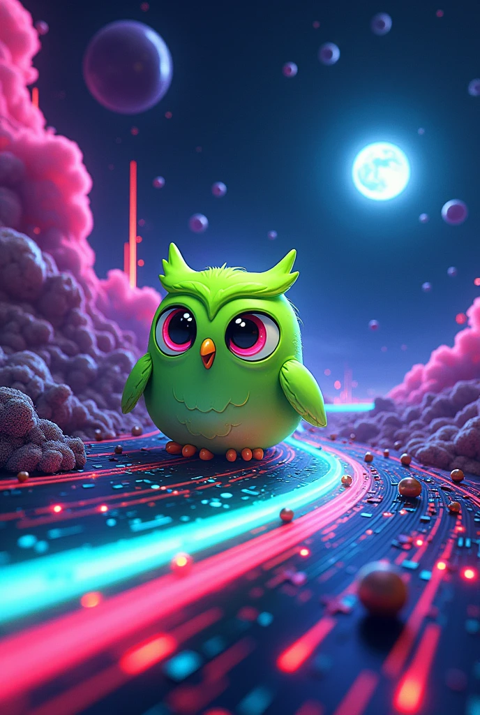 Create a background with an electronic universe in which a green owl is traveling in cartoon style