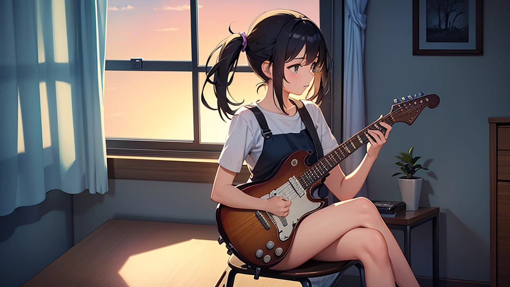 Create an image of a girl playing a guitar, sitting in a chair in profile, in front of the window in her room, calm atmosphere. Design the silhouette of the picture perfectly