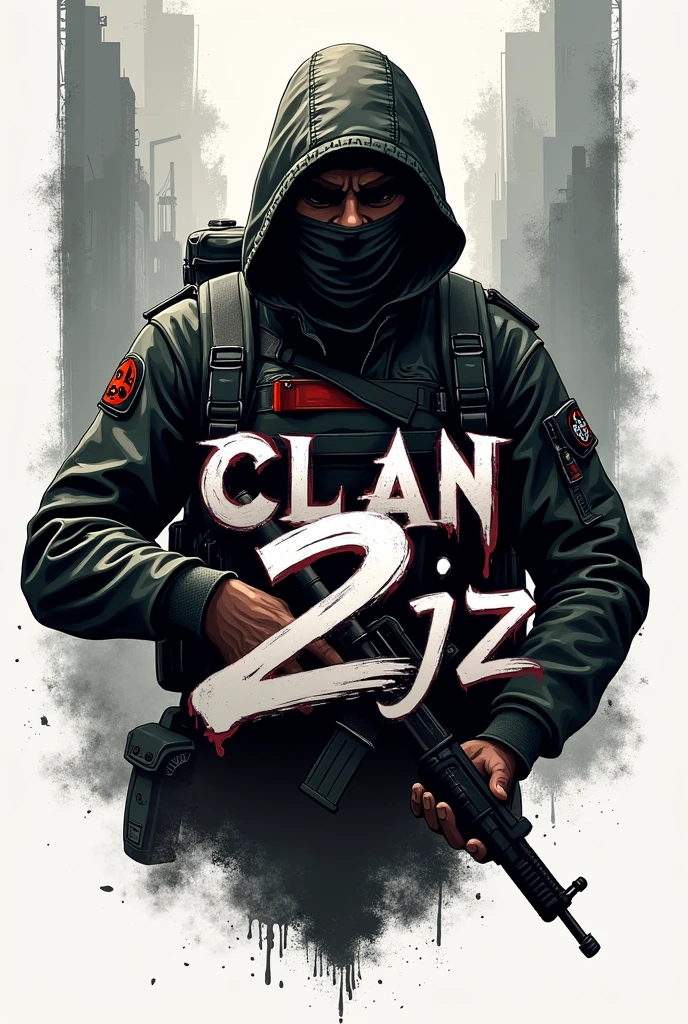 Create a logo for a clan called CLANメ2JZ that has to do with something related to a guerrilla group 