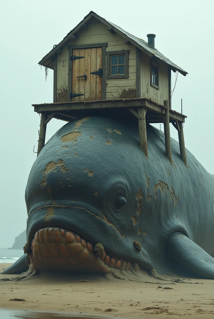 Make a small house a rickety hut on a whale house door from the front of the camera