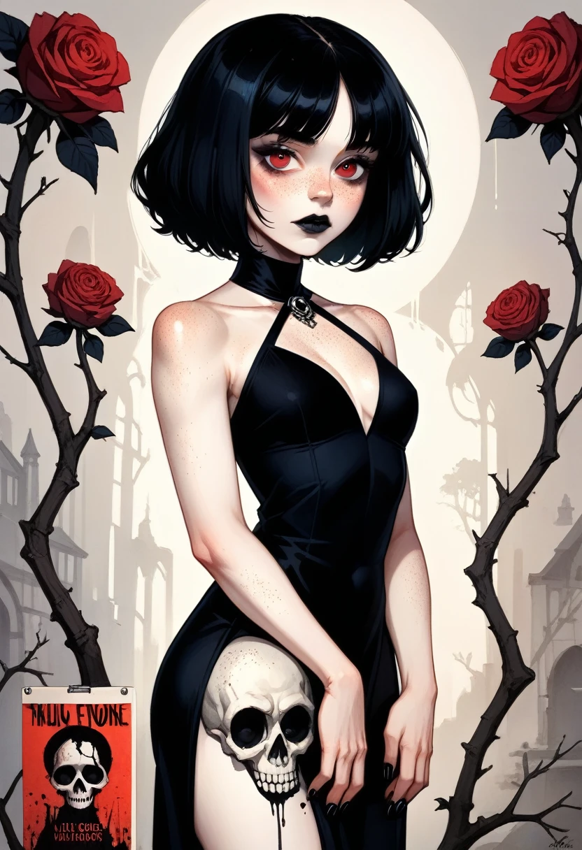 Beautiful portrait of w3dn3sday, long black hair, black nails, red eyes, small freckles, thin and athletic, wearing a beautiful black transparency dress, horror movie poster named « Cartel Vampire », ink and watercolor, in a gothic composition with roses and skulls, very high definition, high quality, UHD, details, perfect anatomy, dark colors