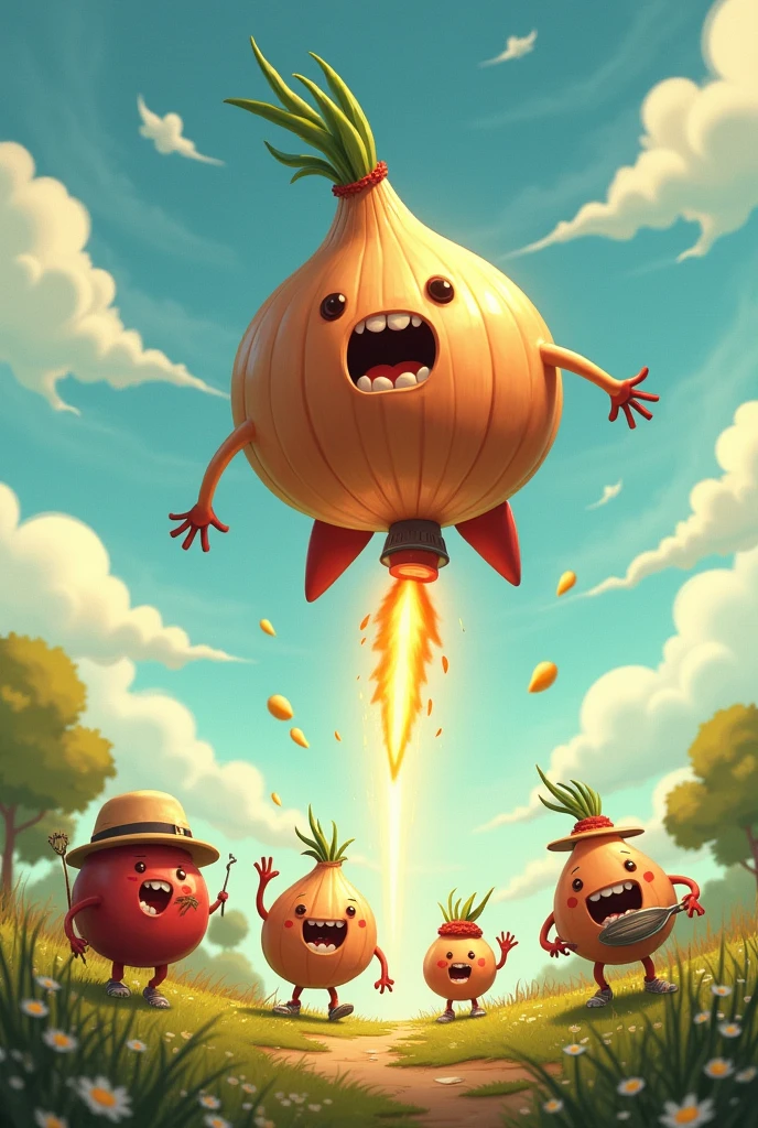 An onion playing rocket while his friends are working