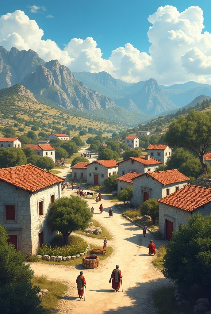 Ancient Greece Setting:
Prompt: "A small, ancient Greek village with simple stone houses, narrow dirt roads, and olive trees scattered across rolling hills. Distant mountains rise in the background under a bright blue sky, capturing a peaceful and rustic atmosphere