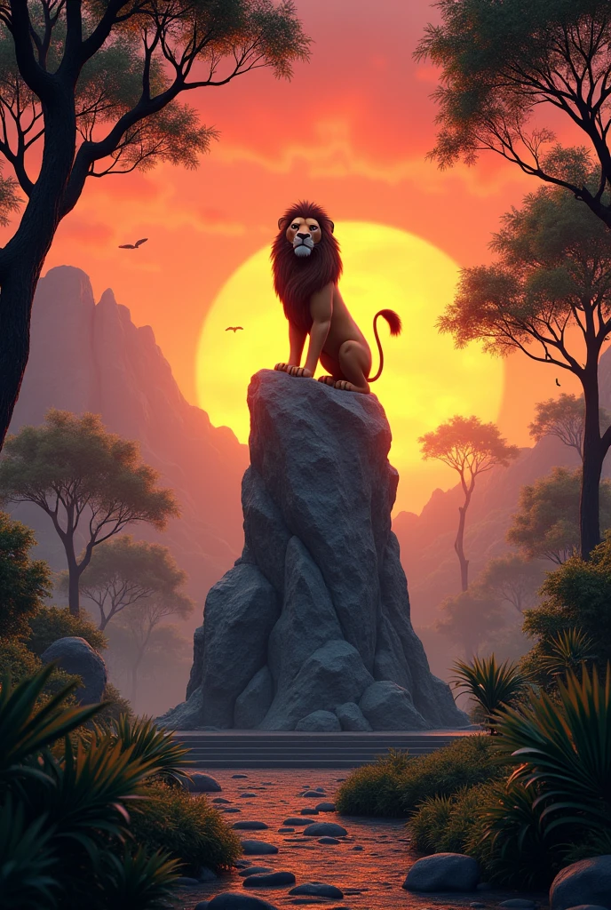 the lion king stone in a jungle where there is sunset in a treeless area in front