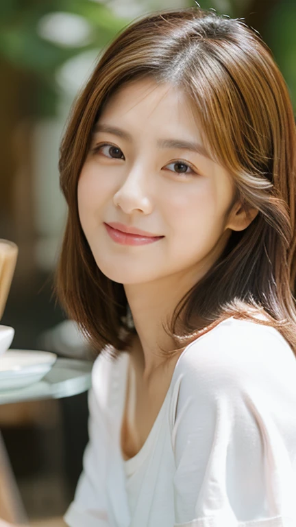 RAW photos), (realistic), (masterpiece), (best quality), high resolution, 8k, (intricate details), (Voluminous light), portrait, female, 3, medium hair, straight hair, Center chest gap, layered hair, brown hair, very nice eyes, source order, very nice eyes썹, very good skin, Very good mouth, Very good nose, Cute like an idol, smiling face, (thick lips), (looking at viewer), (coffee shop), slim body, Voluminous breasts, ((cafe)), ((White V-neck T-shirt)), Takeout coffee cup