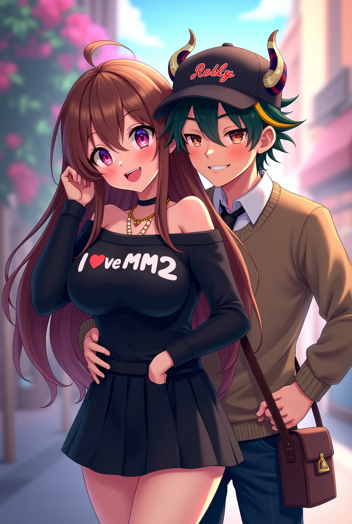 Anime style girl with brown hair with a black sweater that says i love mm2 with bare shoulders, long hair, black skirt, light pink cheeks, anime style, who has her hands on her head back and smiles and who has big breasts, long hair and where her breasts are noticeable and they look giant, accompanied by a boy with black hair with colored streaks of green, yellow, pink, blue, orange who has a sweater with a black tie, cheeks, who has light pink cheeks, anime style, smiling with a Roblox cap and gold and white horns and poses with her hands on her head back and a silver spicy chili necklace and a bag for her hips and he hugs the girl by the hip and her head on his shoulder 