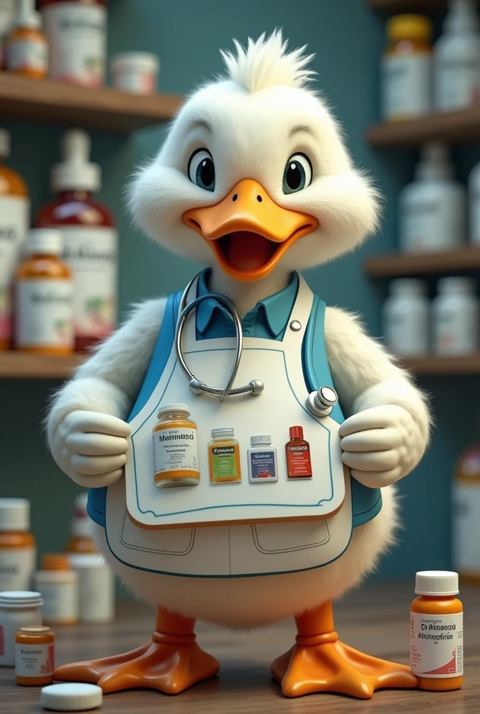 A duck white colour wearing white and blue apron,with stethoscope, hyper realistic, fatty and cute appearance, showing advertisement of drugs , with holding a board showing capsules of gas.
White colour duck ,
Written Dr. Alfanso
Behind board showing different medicines and capsules,tonics.
Dr. Alfanso written on every tonics with name