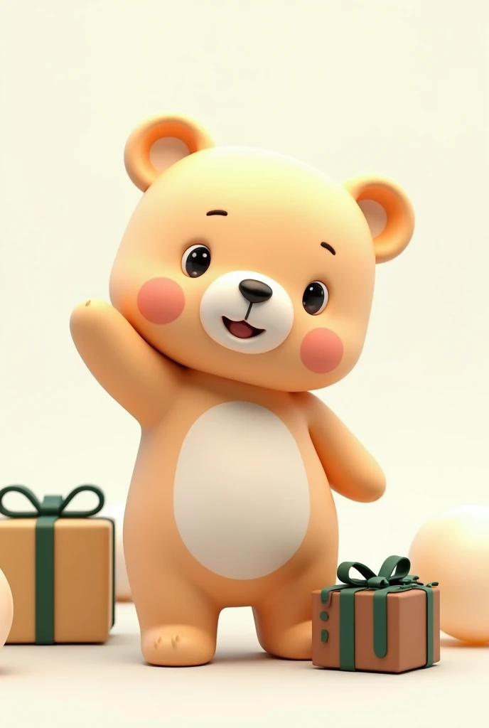 Make me a 3D 4K Pixar style baby bear with a white background, I want the color of the bear to be beige or light brown, I want it to be very impressive and striking, tender and delicate. I want the texture not to be stuffed, but rather delicate and smooth plastic. Compliant body and waving. Looking straight ahead and happy. With a dark green, beige and light brown gift box, the colors of the balloons that are matte