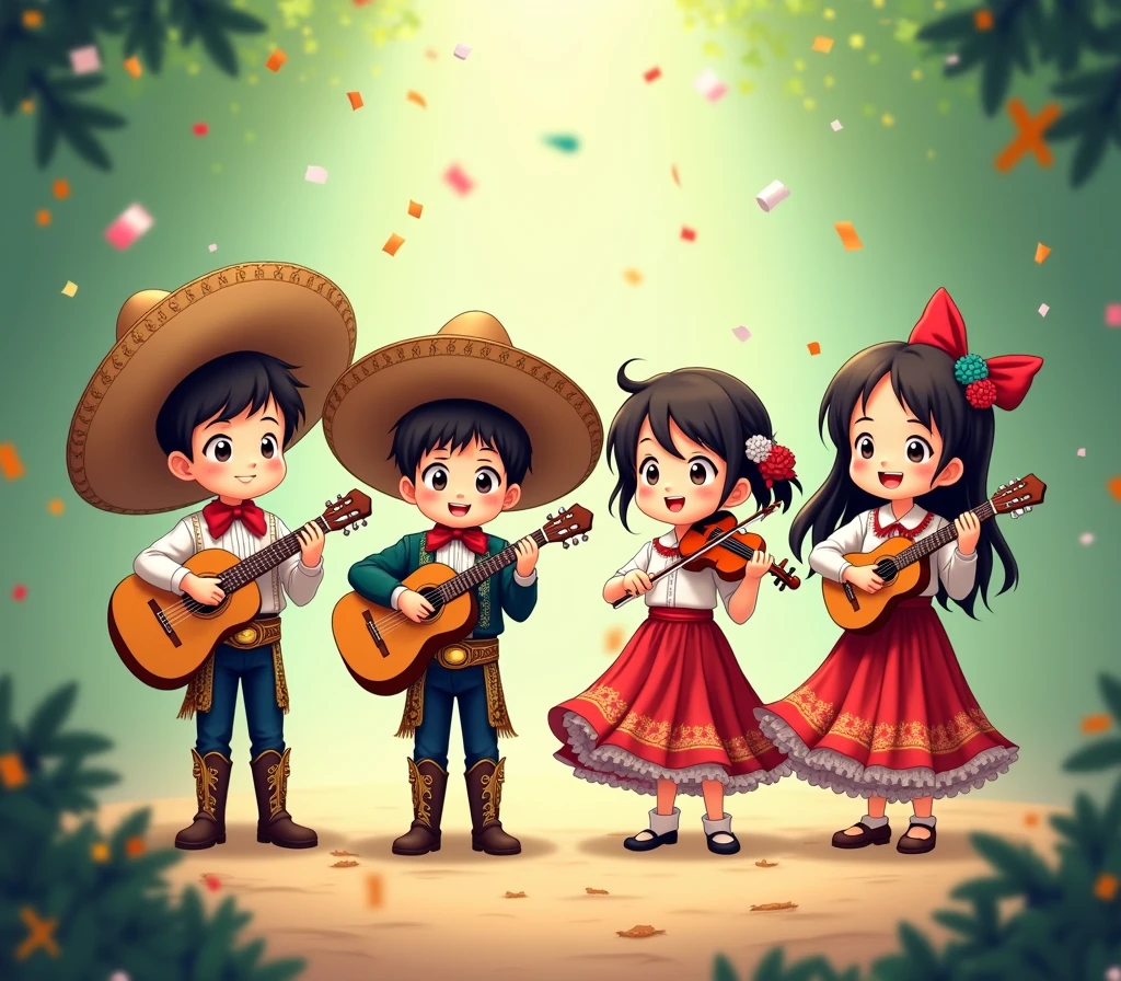 4 cute little anime style kids L.O.L. facing forward in traditional Mexican independence clothing playing instruments playing guitars, violin and trumpet, Two boys dressed as charros and two girls dressed as adelitas with flowers, celebrating on green gradient background, confetti, a mexican party