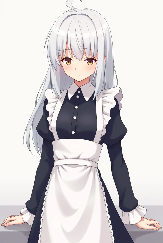 Create an anime character with white hair and a maid outfit with an uninterested face 